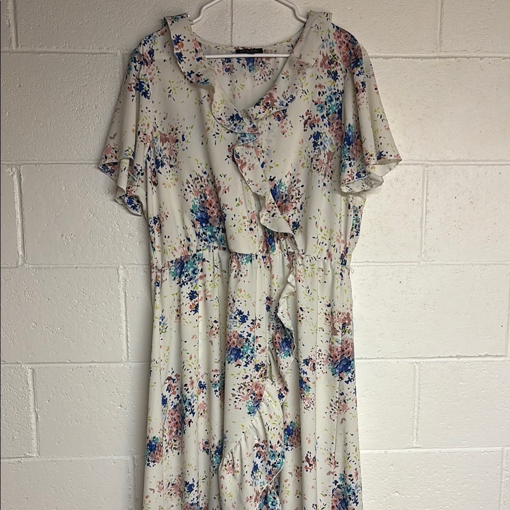 As U Wish Cream and Blue Ruffled Wrap Midi Dress